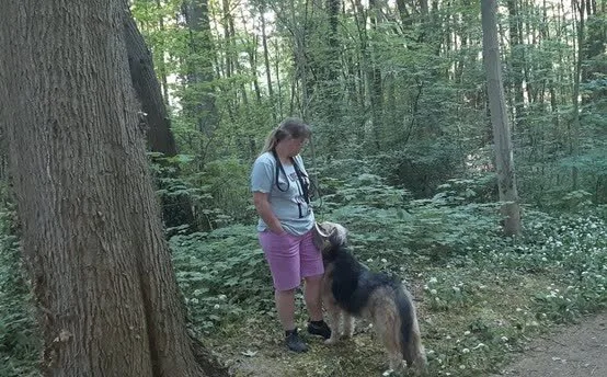 Frau übt mit einem Hund an der Leine auf einem Waldweg